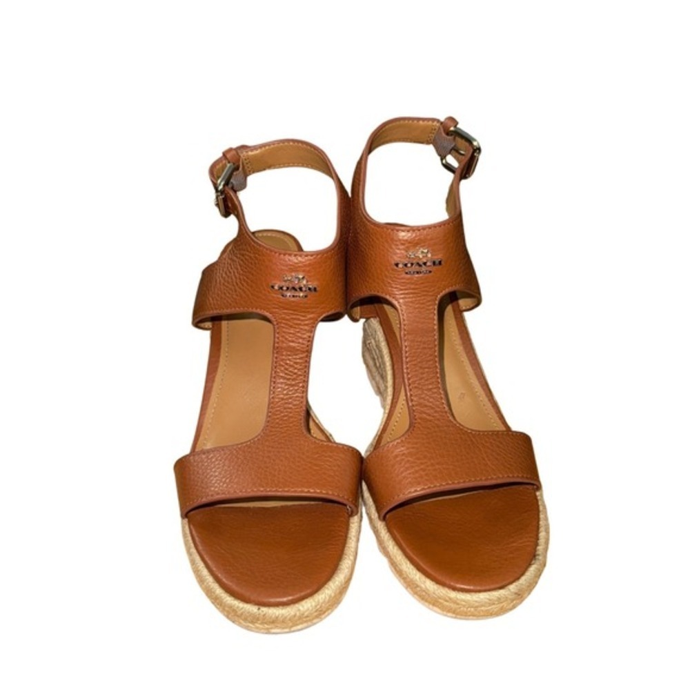 Coach Leeanne Sandal Women 7.5M Pre-Owned Wedge Brown Pebbled Leather Espadrille - Picture 9 of 14